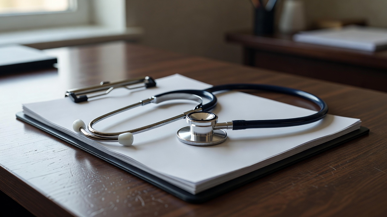 A doctor's stethoscope resting on a medical clipboard on a desk