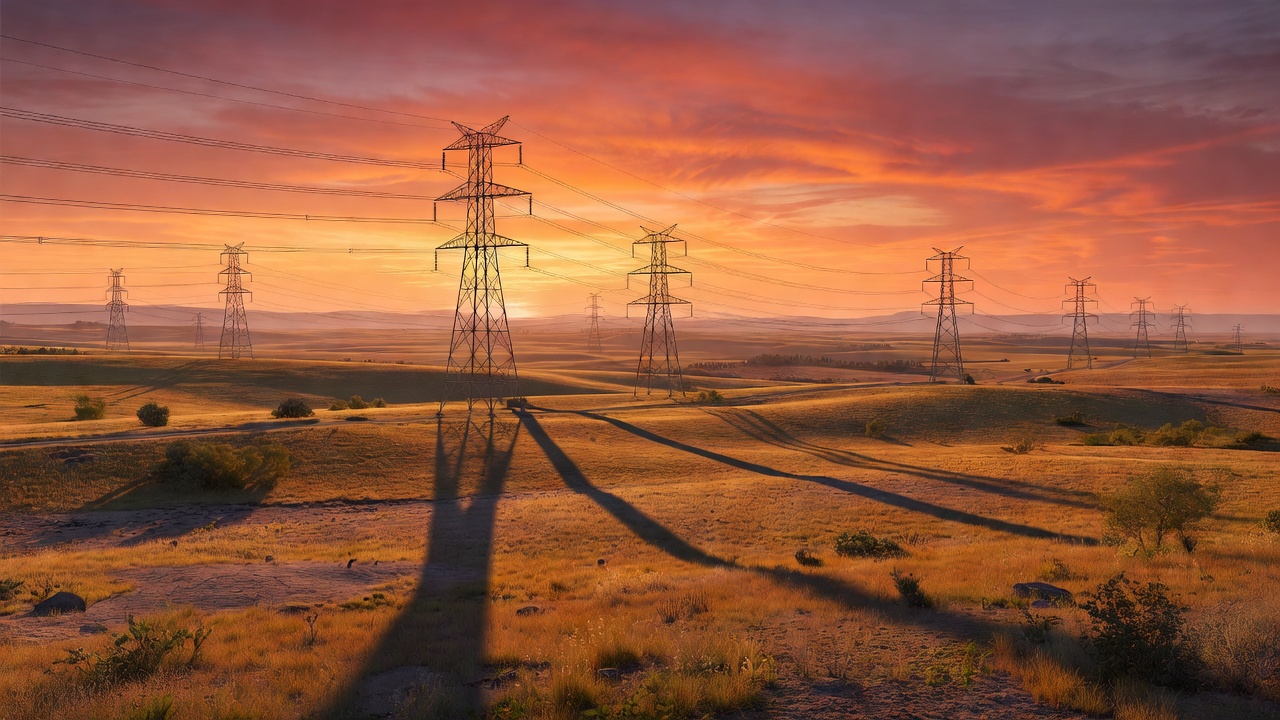 Power transmission lines stretching across open countryside at sunset