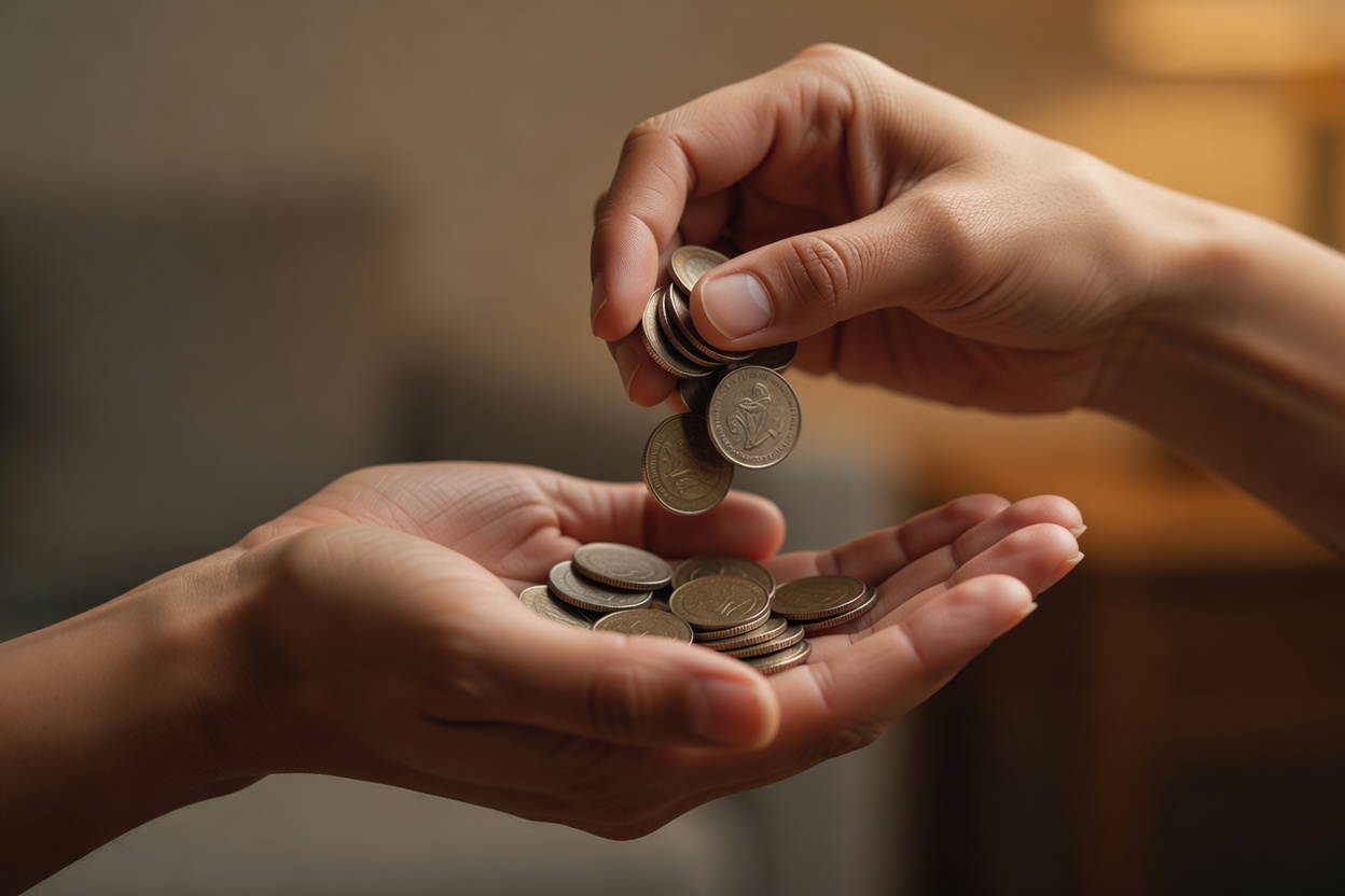 A close-up of hands exchanging coins over an open palm