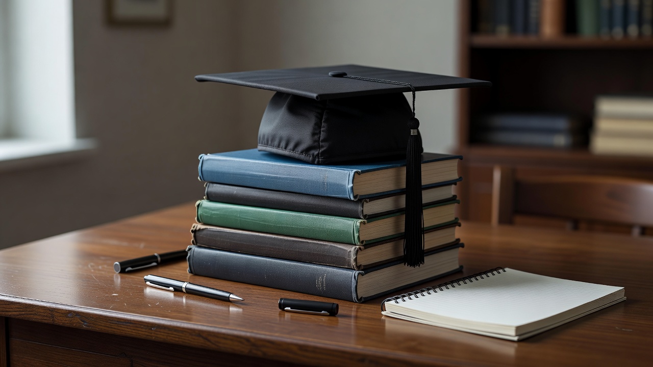 A graduation cap resting on a stack of textbooks on a desk