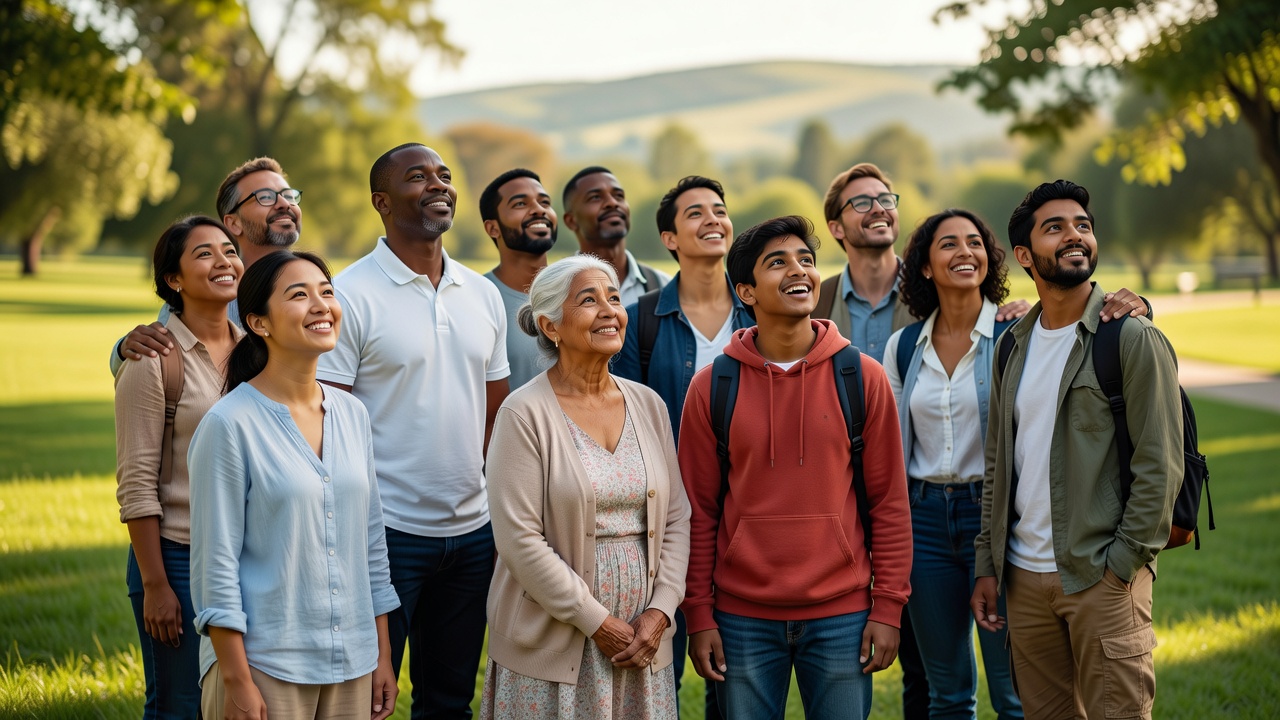 A diverse group of people standing together outdoors on a sunny day