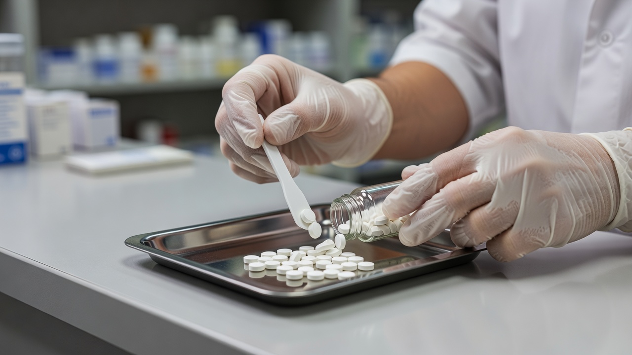 A pharmacist's hands counting pills on a tray at a counter
